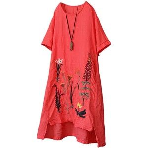 NWOT Minibee Coral Salmon Embroidered Plants Linen Tunic Long Dress, One Size